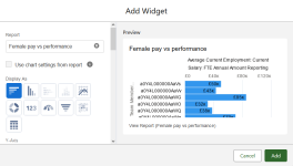 SCreenshot showing the add widget dialog for the female pay vs performance report